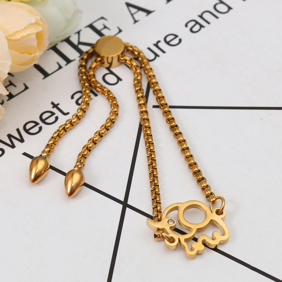 Imagen de 304 Acero Inoxidable Ajustable Slider/ Slide Pulsera Chapado en Oro Elefante Transparente Rhinestone 25.3cm - 24.3cm longitud, 50 Unidades