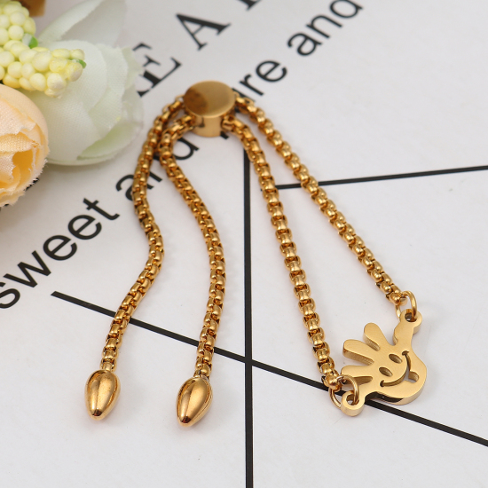 Imagen de 304 Acero Inoxidable Ajustable Slider/ Slide Pulsera Chapado en Oro Mano Reír 26.3cm - 25.3cm longitud, 1 Unidad