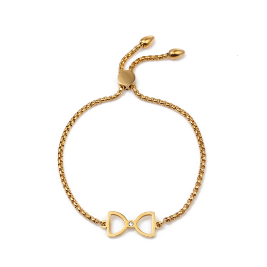 Immagine di 304 Acciaio Inossidabile Slider Regolabile Bolo Bracciale / Presentazione Oro Placcato Clessidra Trasparente Strass 26.3cm - 25.3cm Lunghezza, 50 Pz