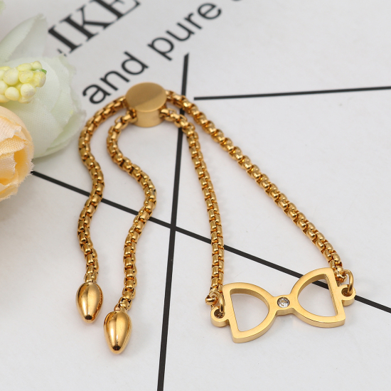 Immagine di 304 Acciaio Inossidabile Slider Regolabile Bolo Bracciale / Presentazione Oro Placcato Clessidra Trasparente Strass 26.3cm - 25.3cm Lunghezza, 50 Pz