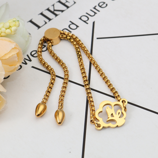 Imagen de 304 Acero Inoxidable Ajustable Slider/ Slide Pulsera Chapado en Oro Flor 26.3cm - 25.3cm longitud, 50 Unidades