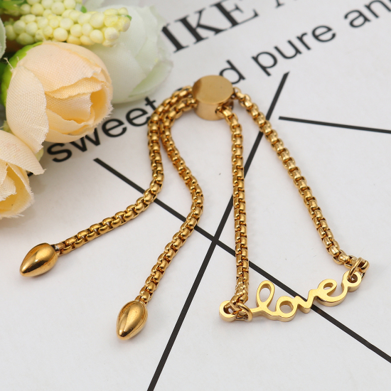 Immagine di 304 Acciaio Inossidabile Slider Regolabile Bolo Bracciale / Presentazione Oro Placcato Messaggio " LOVE " 26.3cm - 25.3cm Lunghezza, 1 Pz