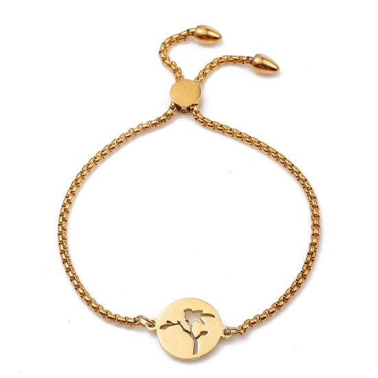 Imagen de 304 Acero Inoxidable Ajustable Slider/ Slide Pulsera Chapado en Oro Ronda Pájaro 26.3cm - 25.3cm longitud, 50 Unidades