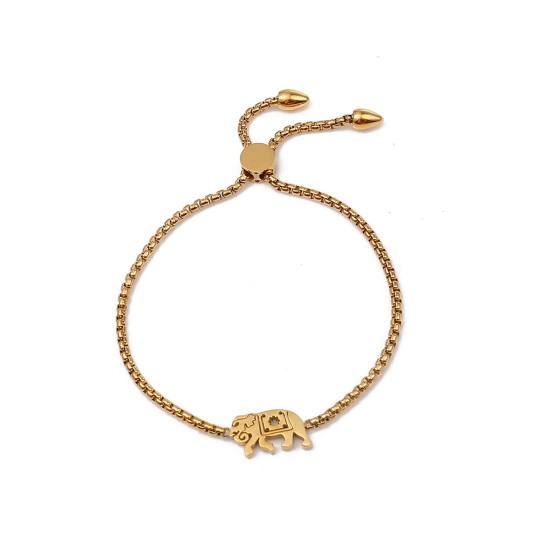 Imagen de 304 Acero Inoxidable Ajustable Slider/ Slide Pulsera Chapado en Oro Elefante 25.3cm - 24.3cm longitud, 50 Unidades