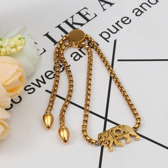 Imagen de 304 Acero Inoxidable Ajustable Slider/ Slide Pulsera Chapado en Oro Elefante 25.3cm - 24.3cm longitud, 50 Unidades
