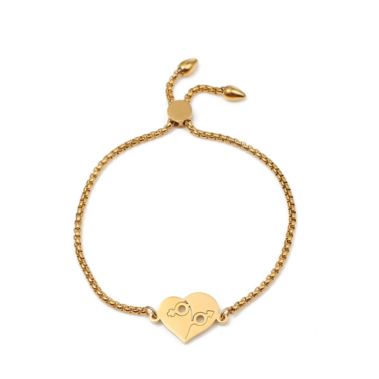 Imagen de 304 Acero Inoxidable Ajustable Slider/ Slide Pulsera Chapado en Oro Corazón Signo De Género 26.3cm - 25.3cm longitud, 50 Unidades