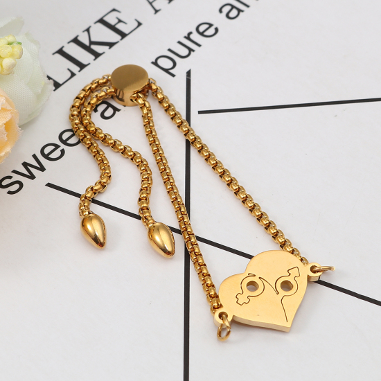 Imagen de 304 Acero Inoxidable Ajustable Slider/ Slide Pulsera Chapado en Oro Corazón Signo De Género 26.3cm - 25.3cm longitud, 50 Unidades
