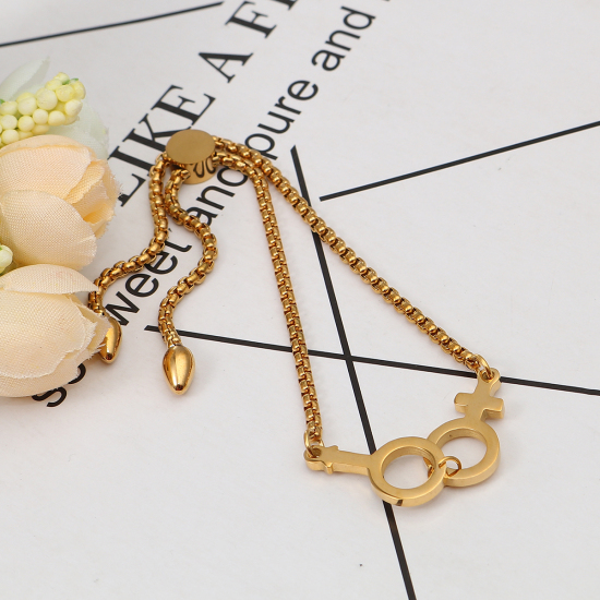 Imagen de 304 Acero Inoxidable Ajustable Slider/ Slide Pulsera Chapado en Oro Signo De Género 28cm longitud, 50 Unidades
