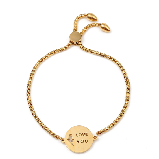 Bild von 304 Edelstahl Einstellbares Slider/ Slide Armband Schieberarmband Vergoldet Rund Blumen Message " Love You " 26.3cm - 25.3cm lang, 1 Strang