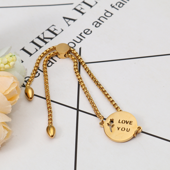 Bild von 304 Edelstahl Einstellbares Slider/ Slide Armband Schieberarmband Vergoldet Rund Blumen Message " Love You " 26.3cm - 25.3cm lang, 1 Strang