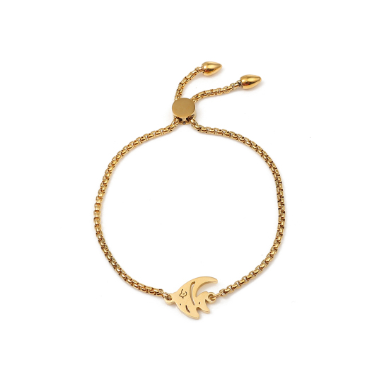 Imagen de 304 Acero Inoxidable Joyería del océano Ajustable Slider/ Slide Pulsera Chapado en Oro Pez Tropical 26.3cm - 25.3cm longitud, 50 Unidades