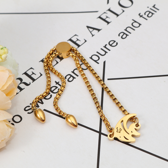 Imagen de 304 Acero Inoxidable Joyería del océano Ajustable Slider/ Slide Pulsera Chapado en Oro Pez Tropical 26.3cm - 25.3cm longitud, 50 Unidades