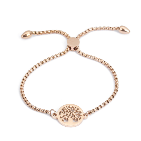 Imagen de 304 Acero Inoxidable Ajustable Slider/ Slide Pulsera Oro Rosa Ronda Árbol 26.3cm - 25.3cm longitud, 1 Unidad