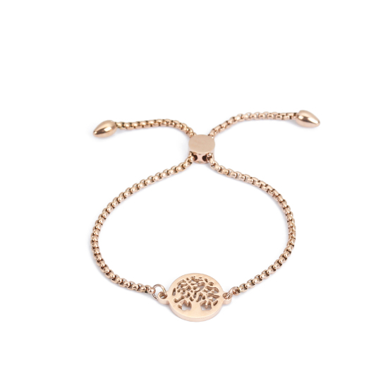 Imagen de 304 Acero Inoxidable Ajustable Slider/ Slide Pulsera Oro Rosa Ronda Árbol 26.3cm - 25.3cm longitud, 1 Unidad