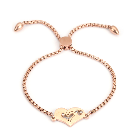 304 Edelstahl Einstellbares Slider/ Slide Armband Schieberarmband Rosegold Herz Herz Transparent Strass 26.3cm - 25.3cm lang, 1 Strang