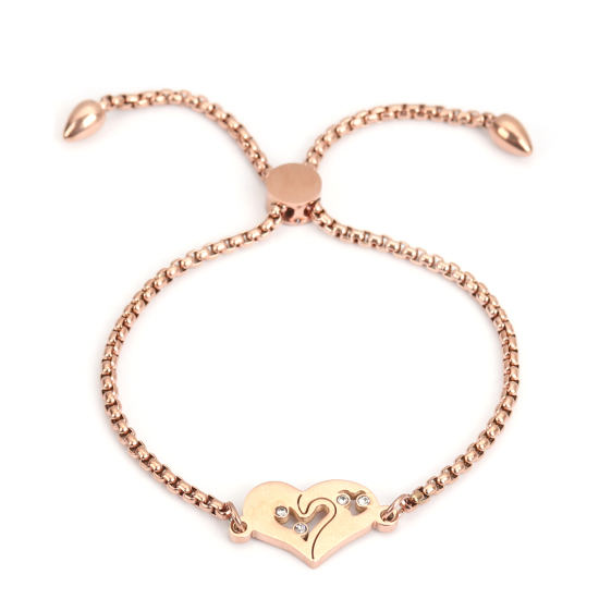 Imagen de 304 Acero Inoxidable Ajustable Slider/ Slide Pulsera Oro Rosa Corazón Corazón Transparente Rhinestone 26.3cm - 25.3cm longitud, 1 Unidad