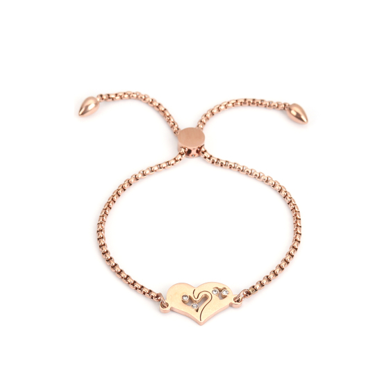 Imagen de 304 Acero Inoxidable Ajustable Slider/ Slide Pulsera Oro Rosa Corazón Corazón Transparente Rhinestone 26.3cm - 25.3cm longitud, 1 Unidad