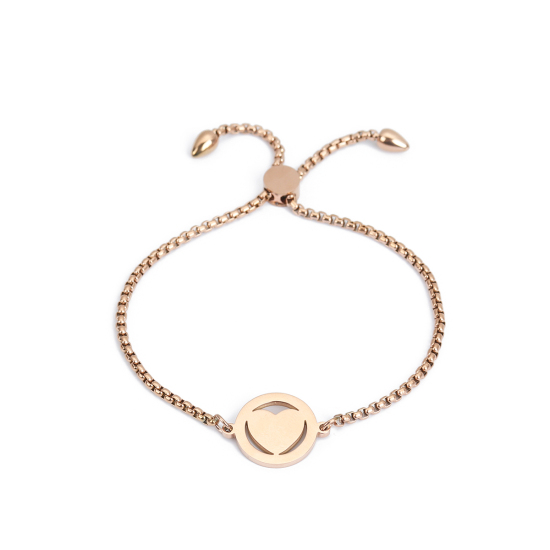 Bild von 304 Edelstahl Einstellbares Slider/ Slide Armband Schieberarmband Rosegold Rund Herz 26.3cm - 25.3cm lang, 1 Strang