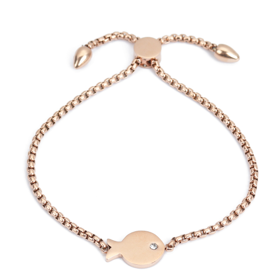 Bild von 304 Edelstahl Einstellbares Slider/ Slide Armband Schieberarmband Rosegold Fisch Transparent Strass 25.3cm - 24.3cm lang, 50 Strange