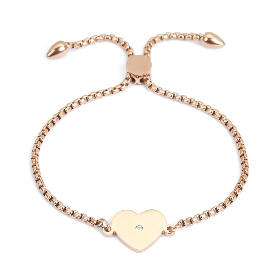 Image de Bracelet Bolo Réglable Nœud Glissé en 304 Acier Inoxydable Or Rose Rond Cœur Strass Transparent 25.3cm - 24.3cm long, 1 Pièce