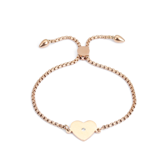 Image de Bracelet Bolo Réglable Nœud Glissé en 304 Acier Inoxydable Or Rose Rond Cœur Strass Transparent 25.3cm - 24.3cm long, 1 Pièce