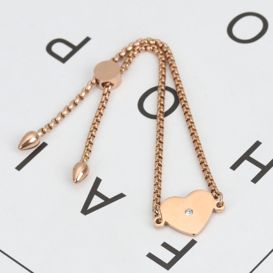 Image de Bracelet Bolo Réglable Nœud Glissé en 304 Acier Inoxydable Or Rose Rond Cœur Strass Transparent 25.3cm - 24.3cm long, 1 Pièce