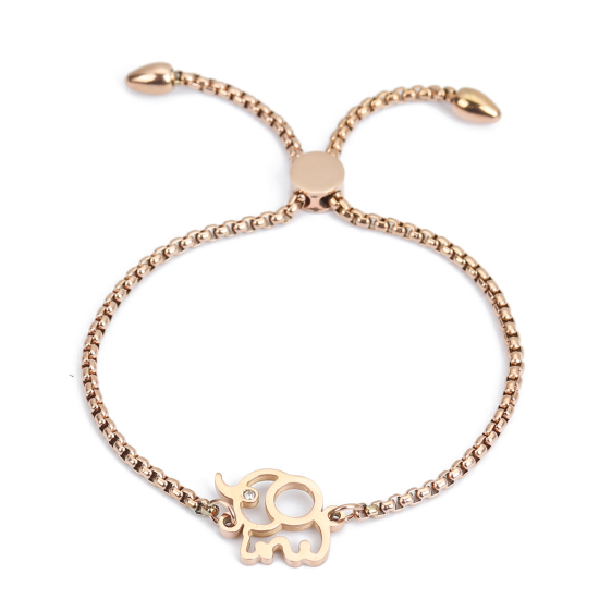Picture of 304 Stainless Steel Adjustable Slider/ Slide Bolo Bracelets Rose Gold Elephant Animal Clear Rhinestone 25.3cm(10") long - 24.3cm(9 5/8") long, 1 Piece