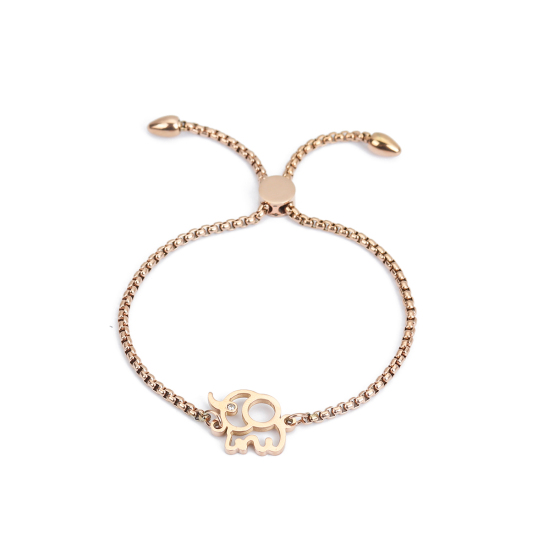 Picture of 304 Stainless Steel Adjustable Slider/ Slide Bolo Bracelets Rose Gold Elephant Animal Clear Rhinestone 25.3cm(10") long - 24.3cm(9 5/8") long, 1 Piece