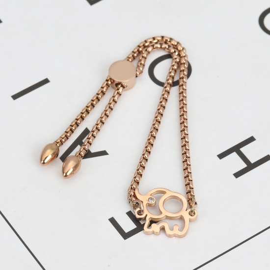 Picture of 304 Stainless Steel Adjustable Slider/ Slide Bolo Bracelets Rose Gold Elephant Animal Clear Rhinestone 25.3cm(10") long - 24.3cm(9 5/8") long, 1 Piece