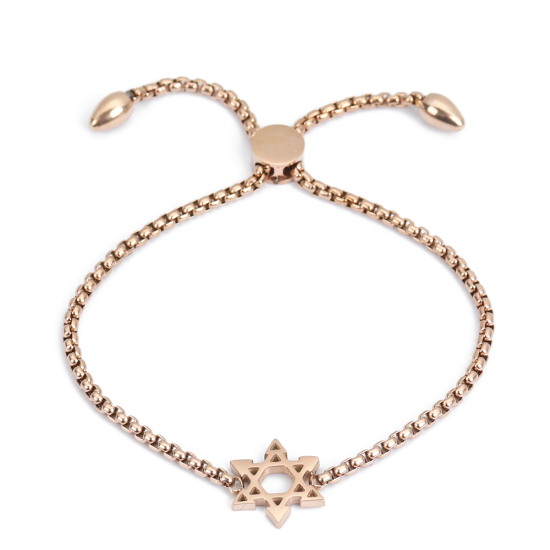 Imagen de 304 Acero Inoxidable Ajustable Slider/ Slide Pulsera Oro Rosa Estrella de David Hexagrama 25.3cm - 24.3cm longitud, 1 Unidad