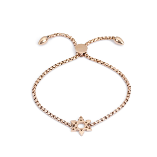 Imagen de 304 Acero Inoxidable Ajustable Slider/ Slide Pulsera Oro Rosa Estrella de David Hexagrama 25.3cm - 24.3cm longitud, 1 Unidad