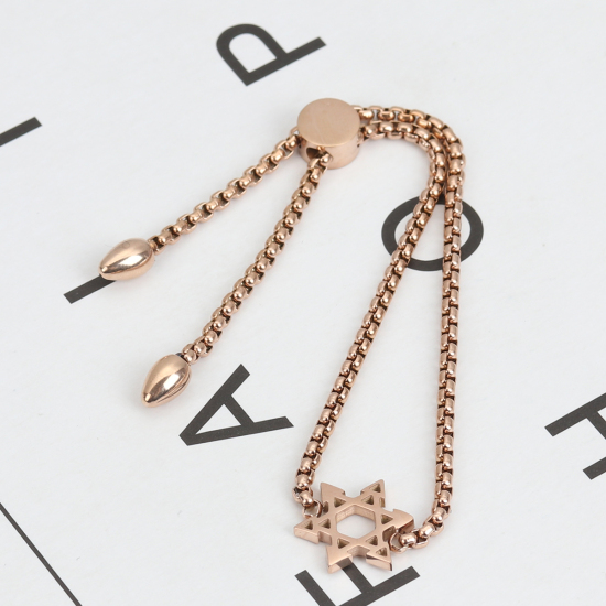 Imagen de 304 Acero Inoxidable Ajustable Slider/ Slide Pulsera Oro Rosa Estrella de David Hexagrama 25.3cm - 24.3cm longitud, 1 Unidad