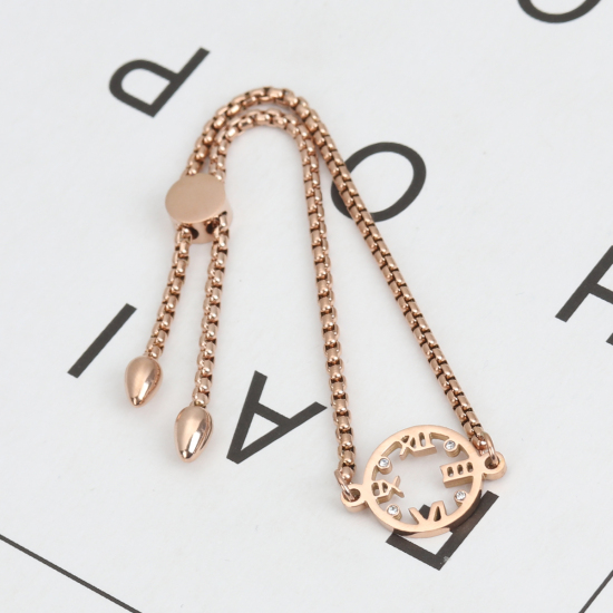 Imagen de 304 Acero Inoxidable Ajustable Slider/ Slide Pulsera Oro Rosa Reloj Transparente Rhinestone 26.3cm - 25.3cm longitud, 1 Unidad