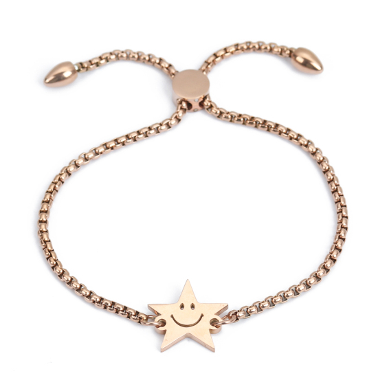 Picture of 304 Stainless Steel Adjustable Slider/ Slide Bolo Bracelets Rose Gold Pentagram Star Smile 25.3cm(10") long - 24.3cm(9 5/8") long, 1 Piece