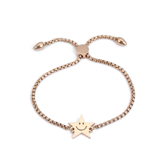 Picture of 304 Stainless Steel Adjustable Slider/ Slide Bolo Bracelets Rose Gold Pentagram Star Smile 25.3cm(10") long - 24.3cm(9 5/8") long, 1 Piece
