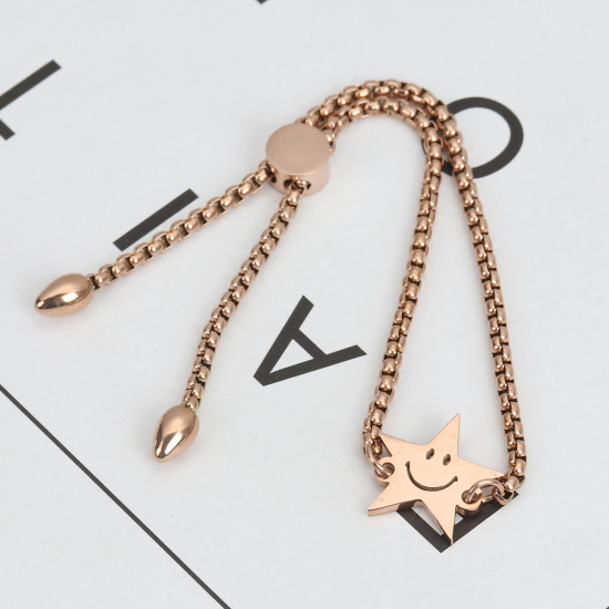 Picture of 304 Stainless Steel Adjustable Slider/ Slide Bolo Bracelets Rose Gold Pentagram Star Smile 25.3cm(10") long - 24.3cm(9 5/8") long, 1 Piece