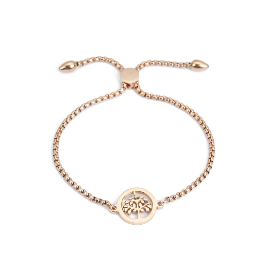 Picture of 304 Stainless Steel Adjustable Slider/ Slide Bolo Bracelets Rose Gold Round Tree 26.3cm(10 3/8") long - 25.3cm(10") long, 1 Piece