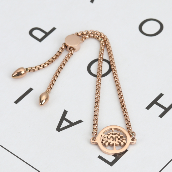 Picture of 304 Stainless Steel Adjustable Slider/ Slide Bolo Bracelets Rose Gold Round Tree 26.3cm(10 3/8") long - 25.3cm(10") long, 1 Piece