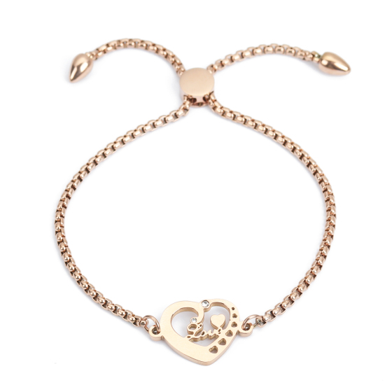 Imagen de 304 Acero Inoxidable Ajustable Slider/ Slide Pulsera Oro Rosa Corazón " Amor " Transparente Rhinestone 26.3cm - 25.3cm longitud, 1 Unidad