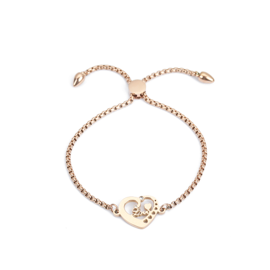 Imagen de 304 Acero Inoxidable Ajustable Slider/ Slide Pulsera Oro Rosa Corazón " Amor " Transparente Rhinestone 26.3cm - 25.3cm longitud, 1 Unidad