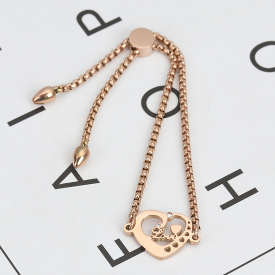 Imagen de 304 Acero Inoxidable Ajustable Slider/ Slide Pulsera Oro Rosa Corazón " Amor " Transparente Rhinestone 26.3cm - 25.3cm longitud, 1 Unidad