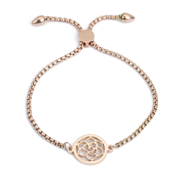 Picture of 304 Stainless Steel Adjustable Slider/ Slide Bolo Bracelets Rose Gold Round Flower 26.3cm(10 3/8") long - 25.3cm(10") long, 1 Piece