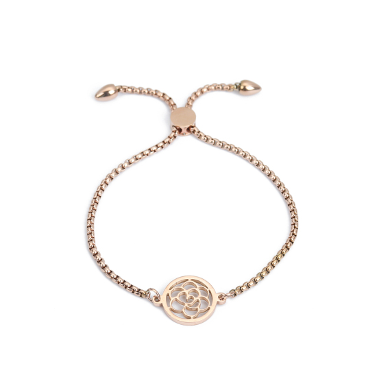 Picture of 304 Stainless Steel Adjustable Slider/ Slide Bolo Bracelets Rose Gold Round Flower 26.3cm(10 3/8") long - 25.3cm(10") long, 1 Piece