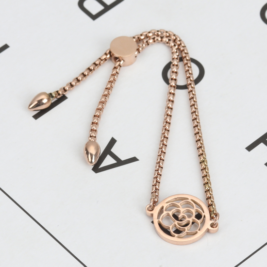 Picture of 304 Stainless Steel Adjustable Slider/ Slide Bolo Bracelets Rose Gold Round Flower 26.3cm(10 3/8") long - 25.3cm(10") long, 1 Piece
