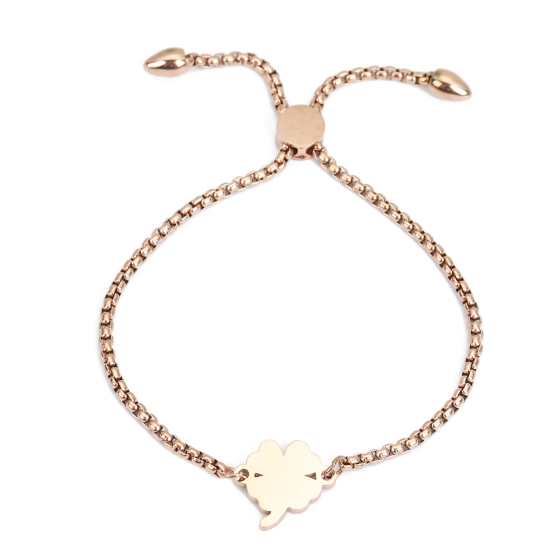Bild von 304 Edelstahl Einstellbares Slider/ Slide Armband Schieberarmband Rosegold Vierblättriges Kleeblatt 25.3cm - 24.3cm lang, 30 Strange