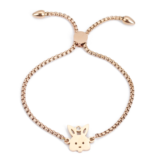 Imagen de 304 Acero Inoxidable Ajustable Slider/ Slide Pulsera Oro Rosa Conejo Transparente Rhinestone 26.3cm - 25.3cm longitud, 1 Unidad