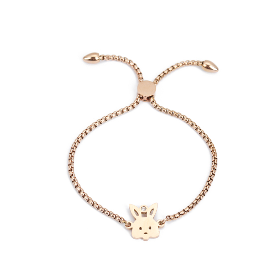 Imagen de 304 Acero Inoxidable Ajustable Slider/ Slide Pulsera Oro Rosa Conejo Transparente Rhinestone 26.3cm - 25.3cm longitud, 1 Unidad