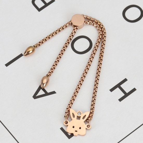 Imagen de 304 Acero Inoxidable Ajustable Slider/ Slide Pulsera Oro Rosa Conejo Transparente Rhinestone 26.3cm - 25.3cm longitud, 1 Unidad