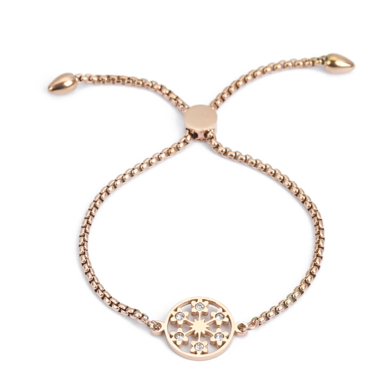 Bild von 304 Edelstahl Einstellbares Slider/ Slide Armband Schieberarmband Rosegold Rund Blumen Transparent Strass 26.3cm - 25.3cm lang, 50 Strange