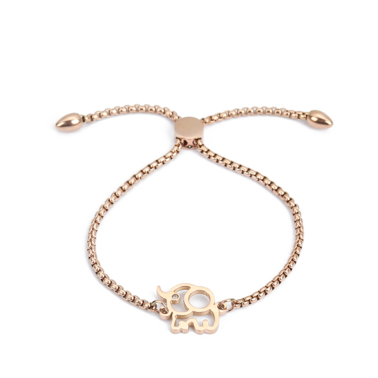 Immagine di 304 Acciaio Inossidabile Slider Regolabile Bolo Bracciale / Presentazione Oro Rosa Elefante Trasparente Strass 25.3cm - 24.3cm Lunghezza, 50 Pz